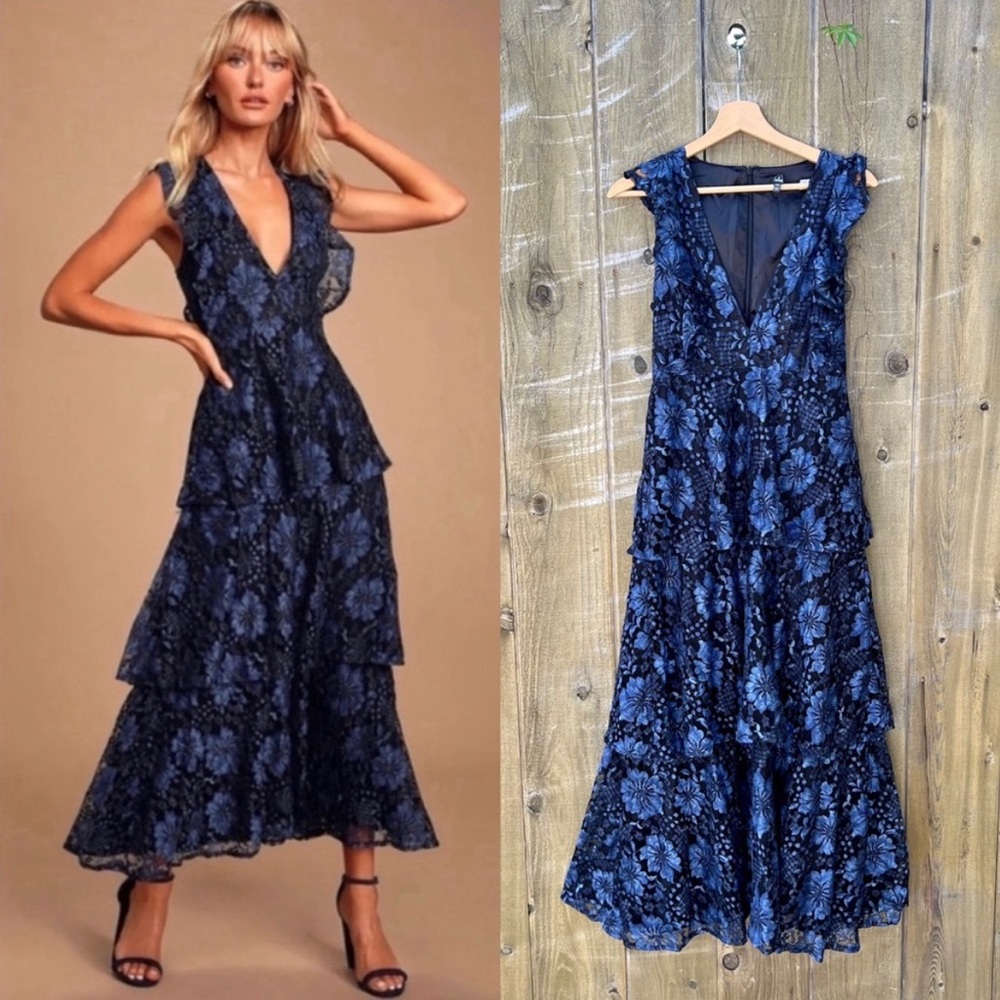 Navy Molinetto Lace Ruffled Tiered Maxi Dress 🌿